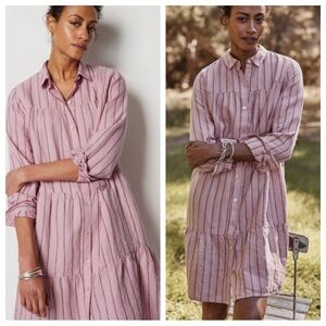 J Jill Love Linen Pink Striped Button Front Long Sleeve Dress